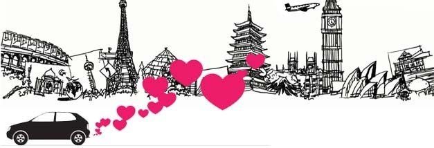A drawing of a city skyline with hearts and a car.